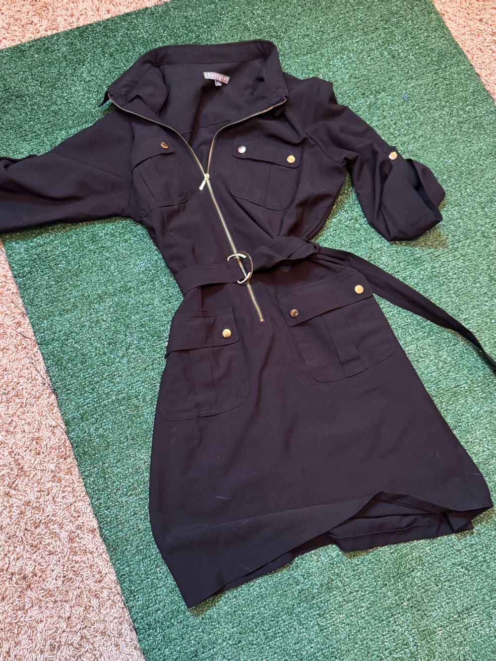 Sharagano Black Utility Shirt Dress with Belt and Gold Accents